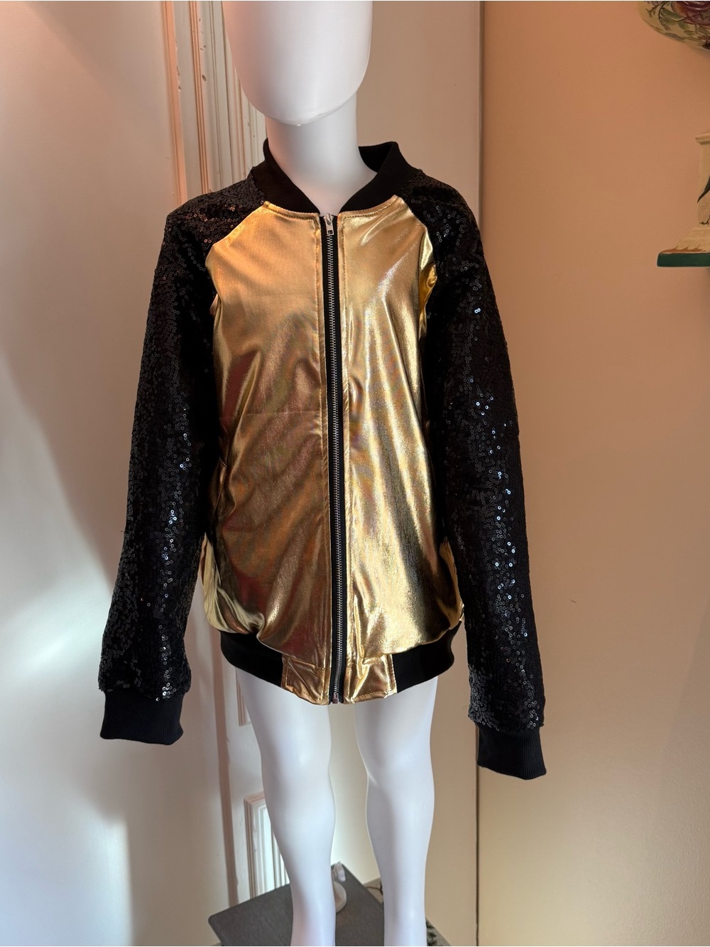 Girls Gold Metallic Bomber Jacket Black Sequin Sleeves Dance Hip Hop Size 10